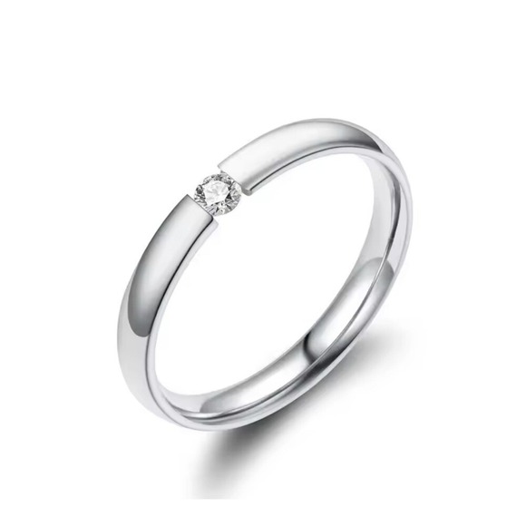 14k Silver Ring over steel CZ Stone 316L Steel Band Minimalist Stacking Ring - Picture 1 of 10